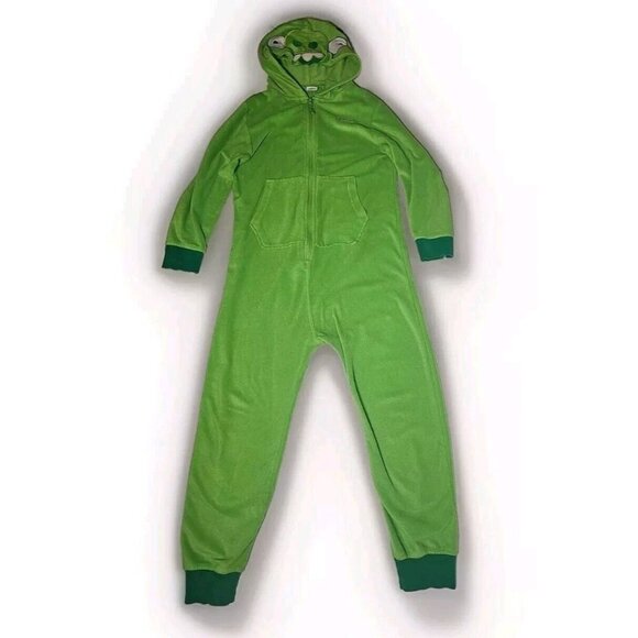 Green Angry Birds Pig Unisex Hooded Fleece Pajama One Piece Size 10 Youth - Picture 3 of 5